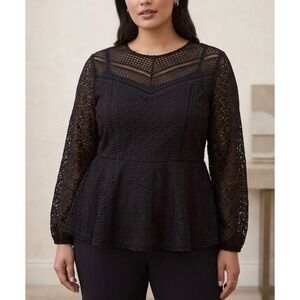 Lane Bryant Womens‎ Black Crochet Lace Peplum Blouse Sheer Long Sleeve Size 20